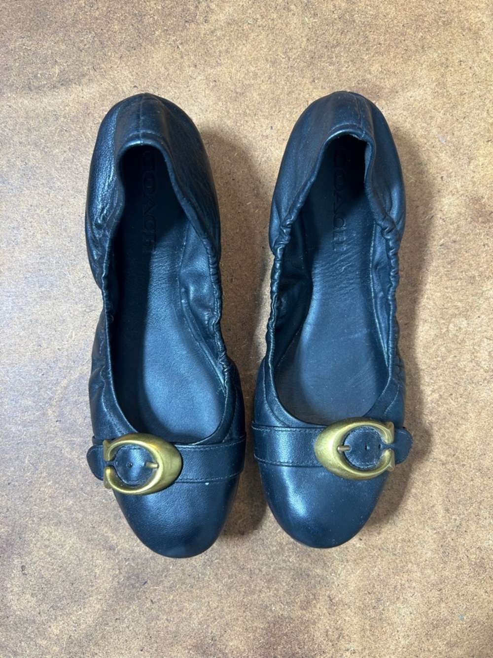Coach Black Leather Ballet Flats with Brass Buckle Women’s US 7.5